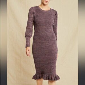 Anthropologie Armour Vert Alaya Plum Ruffle Hem Midi Sweater Dress Size L